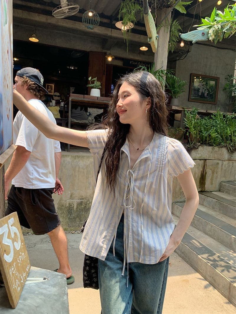 원본 셔틀 제직 기사 스트라이프 반팔 셔츠 여름 자이언트 잘 생긴 레이스업 셔츠 한 부서 여름 작은 셔츠 여성 상세 이미지 19