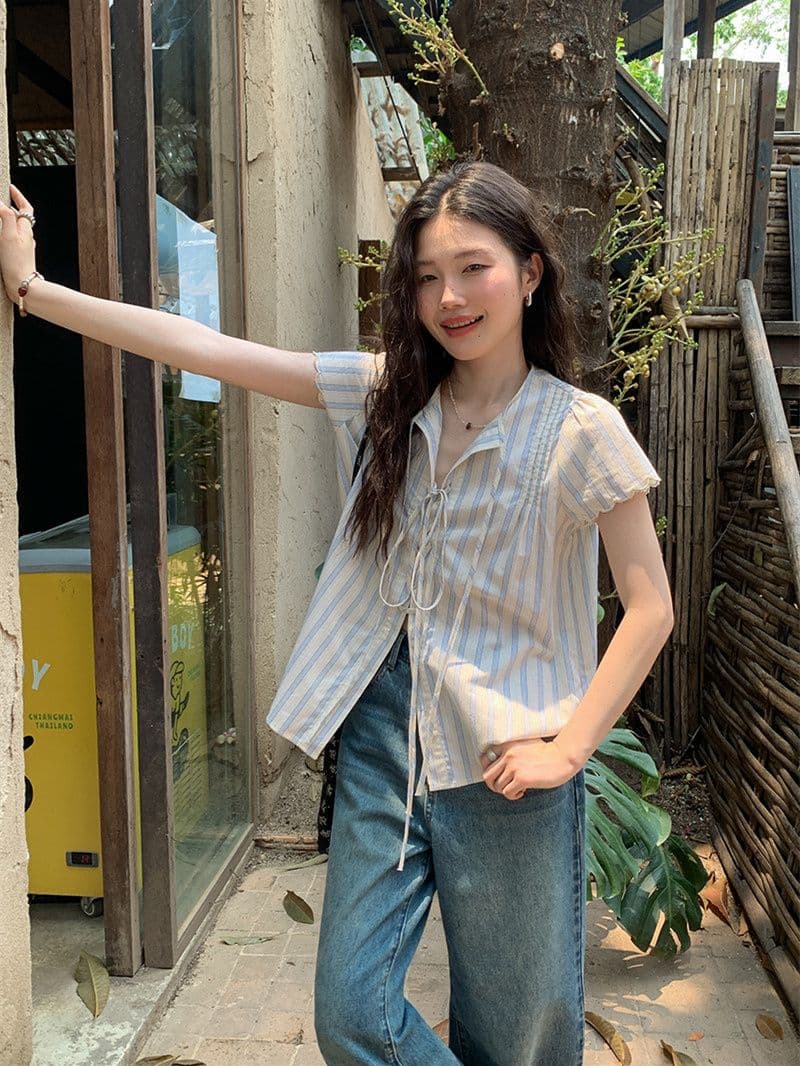 원본 셔틀 제직 기사 스트라이프 반팔 셔츠 여름 자이언트 잘 생긴 레이스업 셔츠 한 부서 여름 작은 셔츠 여성 상세 이미지 21