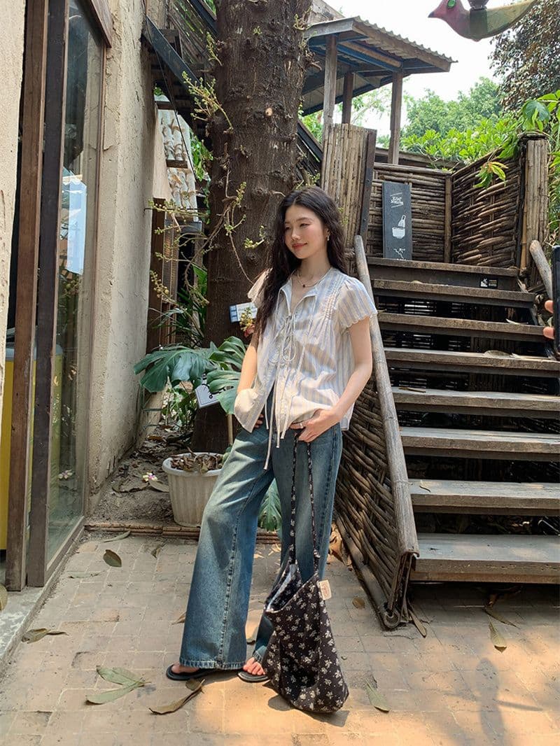 원본 셔틀 제직 기사 스트라이프 반팔 셔츠 여름 자이언트 잘 생긴 레이스업 셔츠 한 부서 여름 작은 셔츠 여성 상세 이미지 22