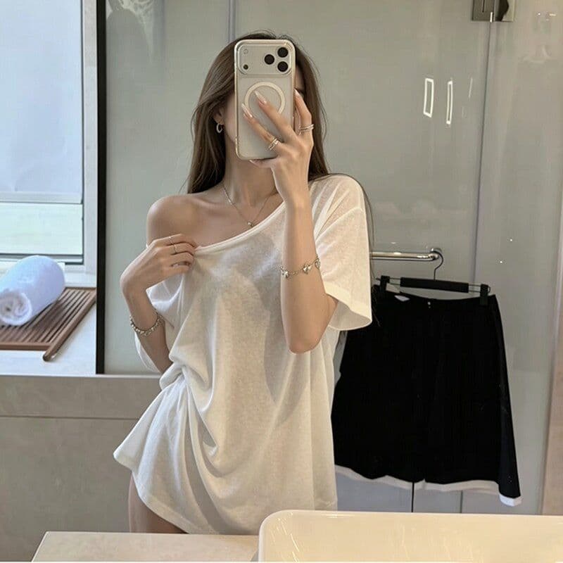 170 톰 글 래 면 눈꽃 35 라이 경기 서울 35 면 30 폴리 에스터 오프숄더 반팔 티셔츠 여성 비스듬한 어깨 자외선 차단 블라우스 맨위 상세 이미지 2