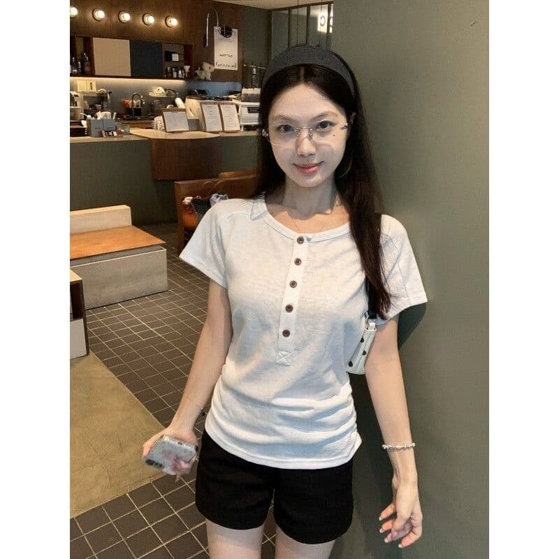 200그램 게으른 면 65 면 35 폴리 에스터 라운드 넥 긍정적 인 어깨 반팔 티셔츠 여성 여름 새로운 작은 대중 허리 수축 슬림해 보이는 맨위 상세 이미지 3