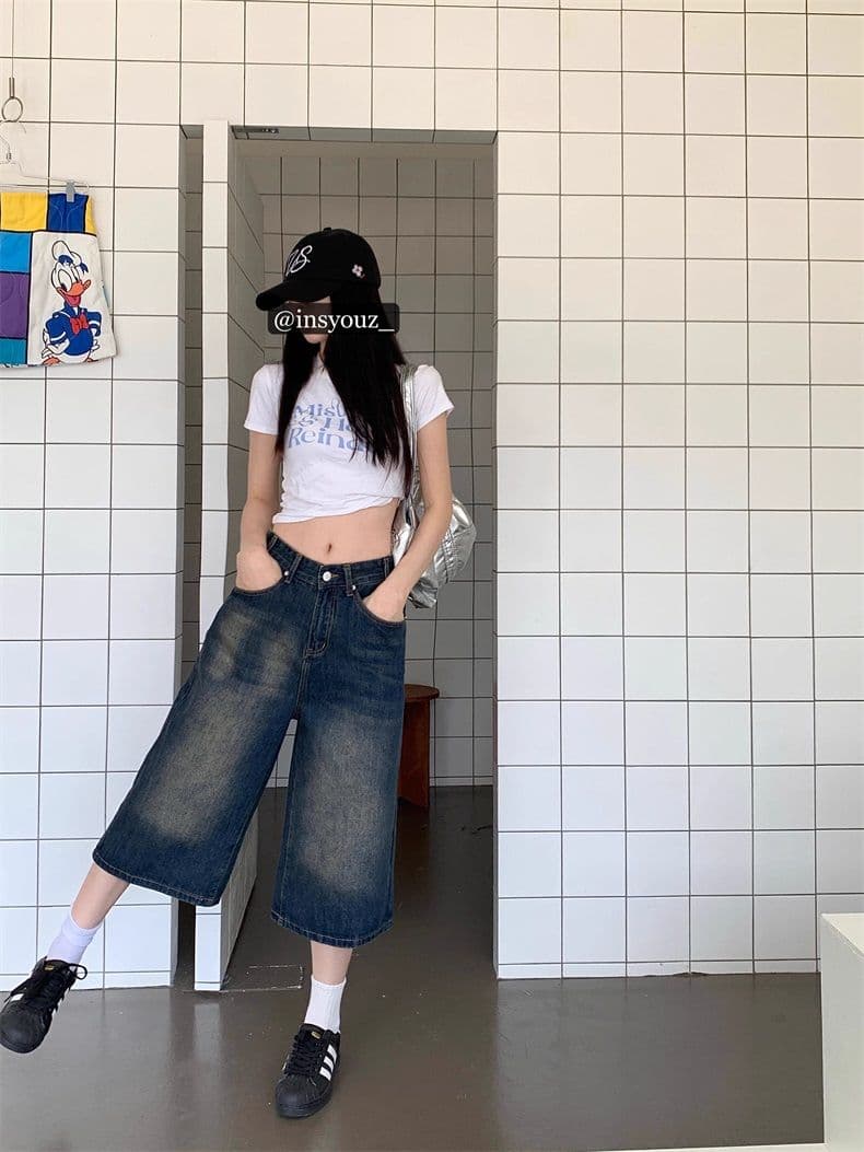 아메리칸 높음 거리 레트로 넓은 다리 7 점 데님 바지 여성 여름 하이웨이스트 빅 사이즈 슬림해 보이는 루즈핏 스트레이트 짧은 바지 상세 이미지 15