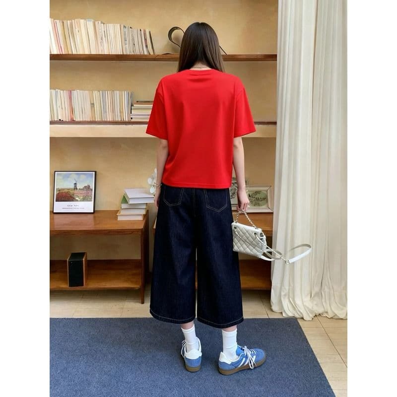 단 닝 진한 파란색 데님 반바지 여성 7부 바지 봄 여름 얇은 스타일 2026 새로운 하이웨이스트 루즈핏 넓은 다리 7 분 바지 이미지 3