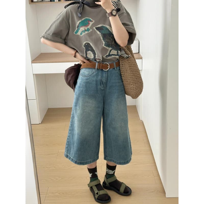 아메리칸 레트로 넓은 다리 7 점 청바지 여성 여름 빅 사이즈 지방 mm 루즈핏 배 모양 몸 슬림해 보이는 스트레이트 바지 이미지 2