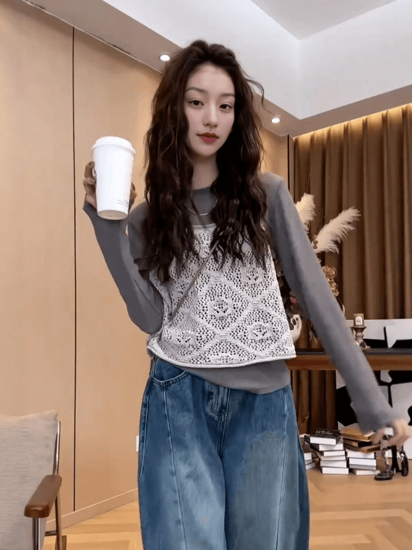 빅 사이즈 여성 의류 프랑스식 홀로우 아웃 자수 회색 니트 캐미솔 봄 여름 새로운 외부 가져 가라. 스택 착용 민소매 맨위 이미지 2