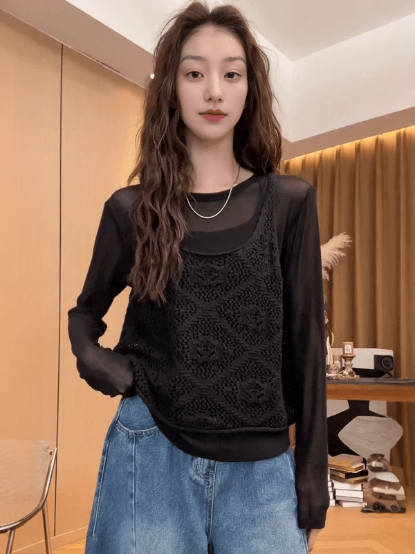 빅 사이즈 여성 의류 프랑스식 홀로우 아웃 자수 회색 니트 캐미솔 봄 여름 새로운 외부 가져 가라. 스택 착용 민소매 맨위 상세 이미지 2