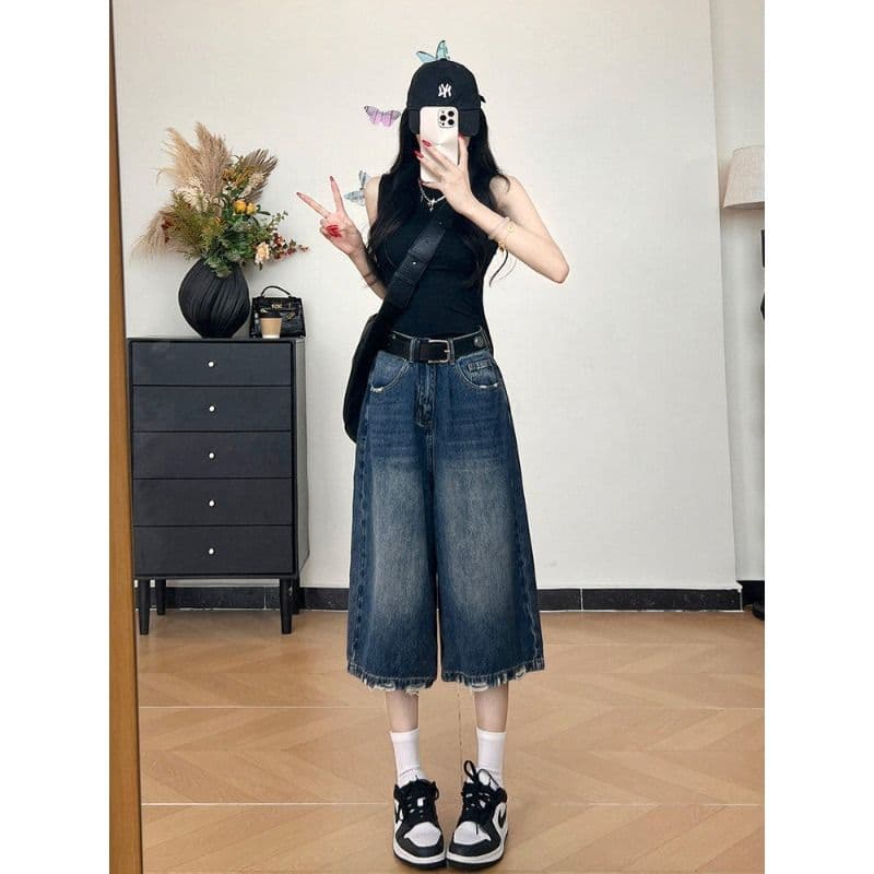 아메리칸 레트로 찢어진 루즈핏 7 점 청바지 여성 여름 빅 사이즈 지방 mm 슬림해 보이는 하이웨이스트 느슨함 센스 캐주얼 바지 이미지 2