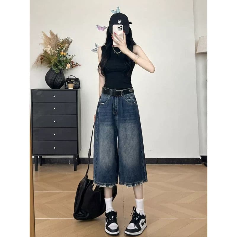 아메리칸 레트로 찢어진 루즈핏 7 점 청바지 여성 여름 빅 사이즈 지방 mm 슬림해 보이는 하이웨이스트 느슨함 센스 캐주얼 바지 이미지 3