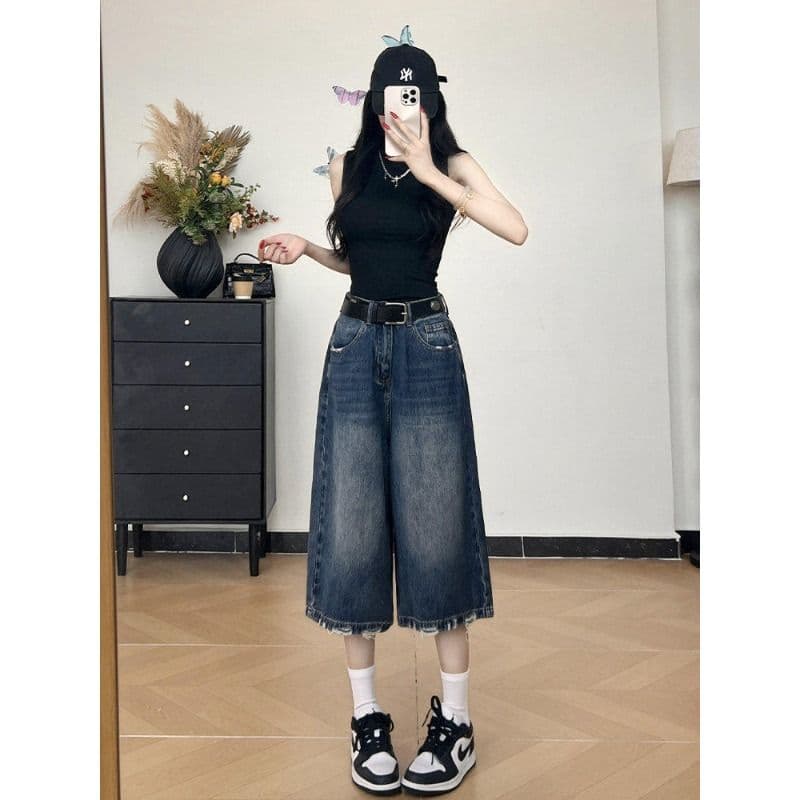 아메리칸 레트로 찢어진 루즈핏 7 점 청바지 여성 여름 빅 사이즈 지방 mm 슬림해 보이는 하이웨이스트 느슨함 센스 캐주얼 바지