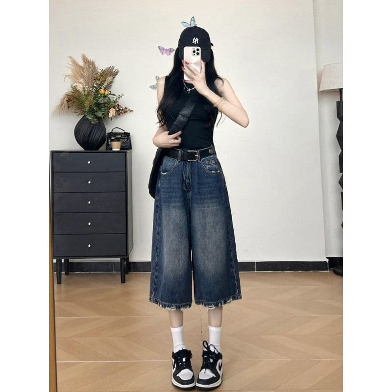 아메리칸 레트로 찢어진 루즈핏 7 점 청바지 여성 여름 빅 사이즈 지방 mm 슬림해 보이는 하이웨이스트 느슨함 센스 캐주얼 바지 이미지 4
