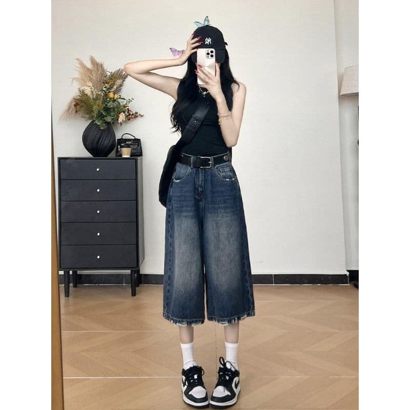 아메리칸 레트로 찢어진 루즈핏 7 점 청바지 여성 여름 빅 사이즈 지방 mm 슬림해 보이는 하이웨이스트 느슨함 센스 캐주얼 바지 이미지 5