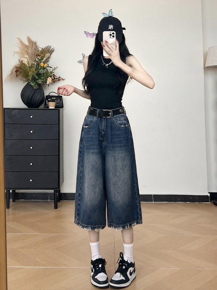 아메리칸 레트로 찢어진 루즈핏 7 점 청바지 여성 여름 빅 사이즈 지방 mm 슬림해 보이는 하이웨이스트 느슨함 센스 캐주얼 바지 상세 이미지 2