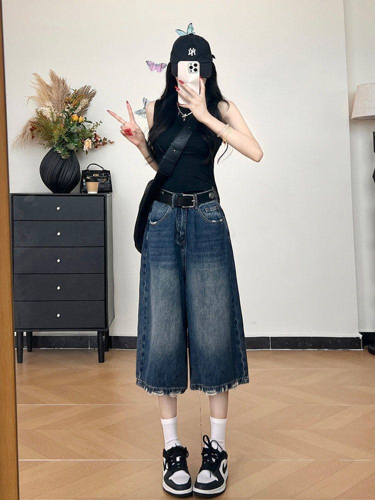 아메리칸 레트로 찢어진 루즈핏 7 점 청바지 여성 여름 빅 사이즈 지방 mm 슬림해 보이는 하이웨이스트 느슨함 센스 캐주얼 바지 상세 이미지 3