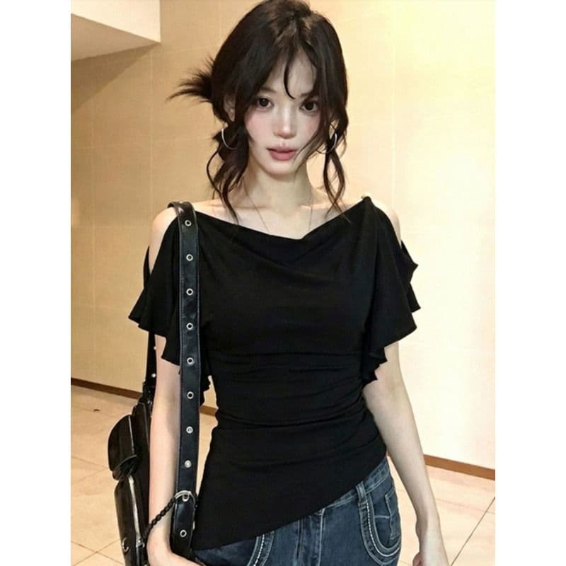 260 그램 1 1 인 면 불규칙 흔들다 칼라 프릴 오프숄더 반팔 티셔츠 달콤한 자매 디자인 센스 맨위 이미지 3