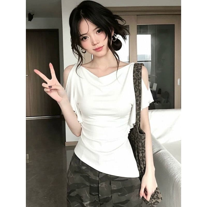 260 그램 1 1 인 면 불규칙 흔들다 칼라 프릴 오프숄더 반팔 티셔츠 달콤한 자매 디자인 센스 맨위 이미지 4