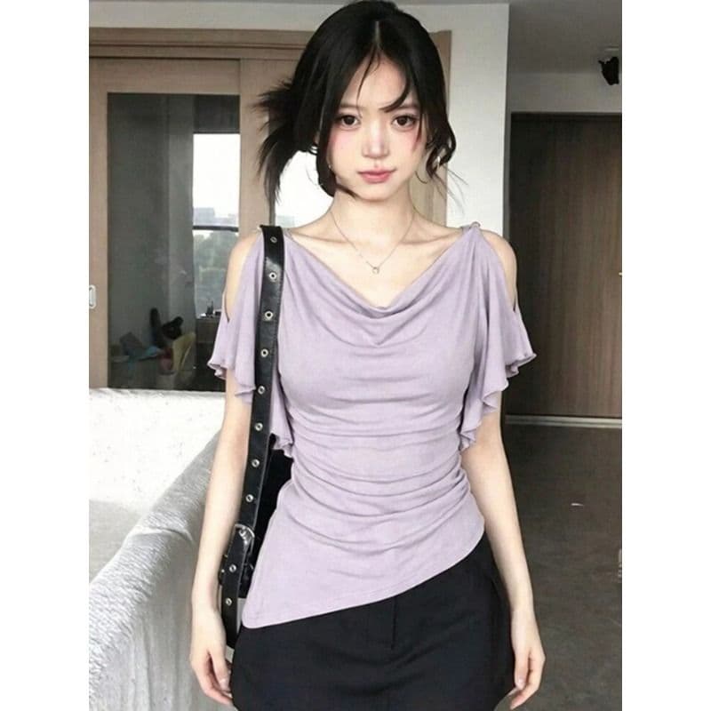 260 그램 1 1 인 면 불규칙 흔들다 칼라 프릴 오프숄더 반팔 티셔츠 달콤한 자매 디자인 센스 맨위 이미지 5