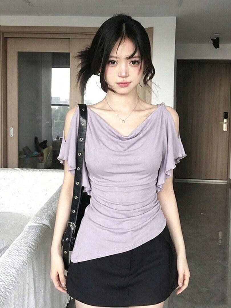 260 그램 1 1 인 면 불규칙 흔들다 칼라 프릴 오프숄더 반팔 티셔츠 달콤한 자매 디자인 센스 맨위 상세 이미지 2