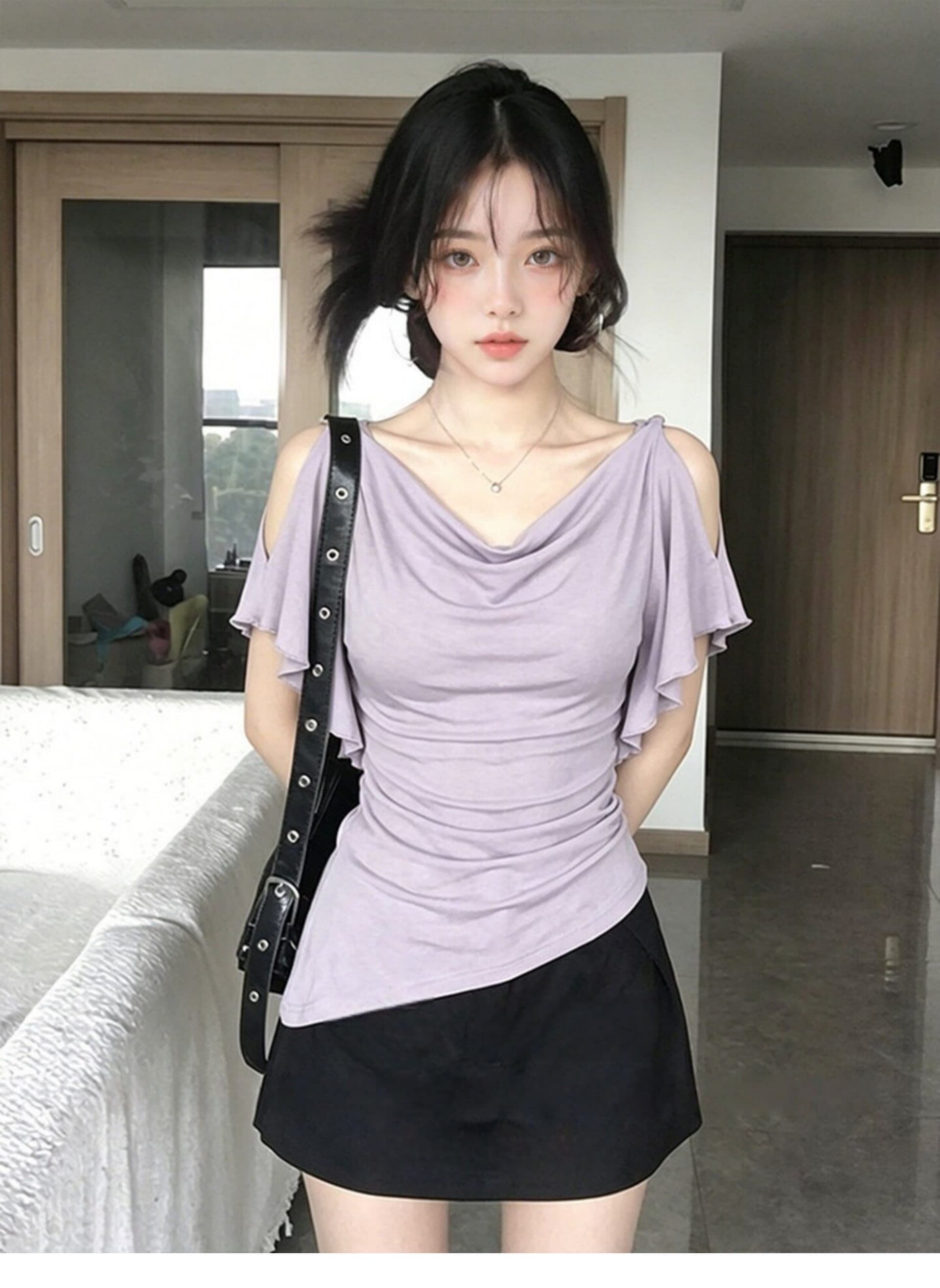 260 그램 1 1 인 면 불규칙 흔들다 칼라 프릴 오프숄더 반팔 티셔츠 달콤한 자매 디자인 센스 맨위 상세 이미지 3