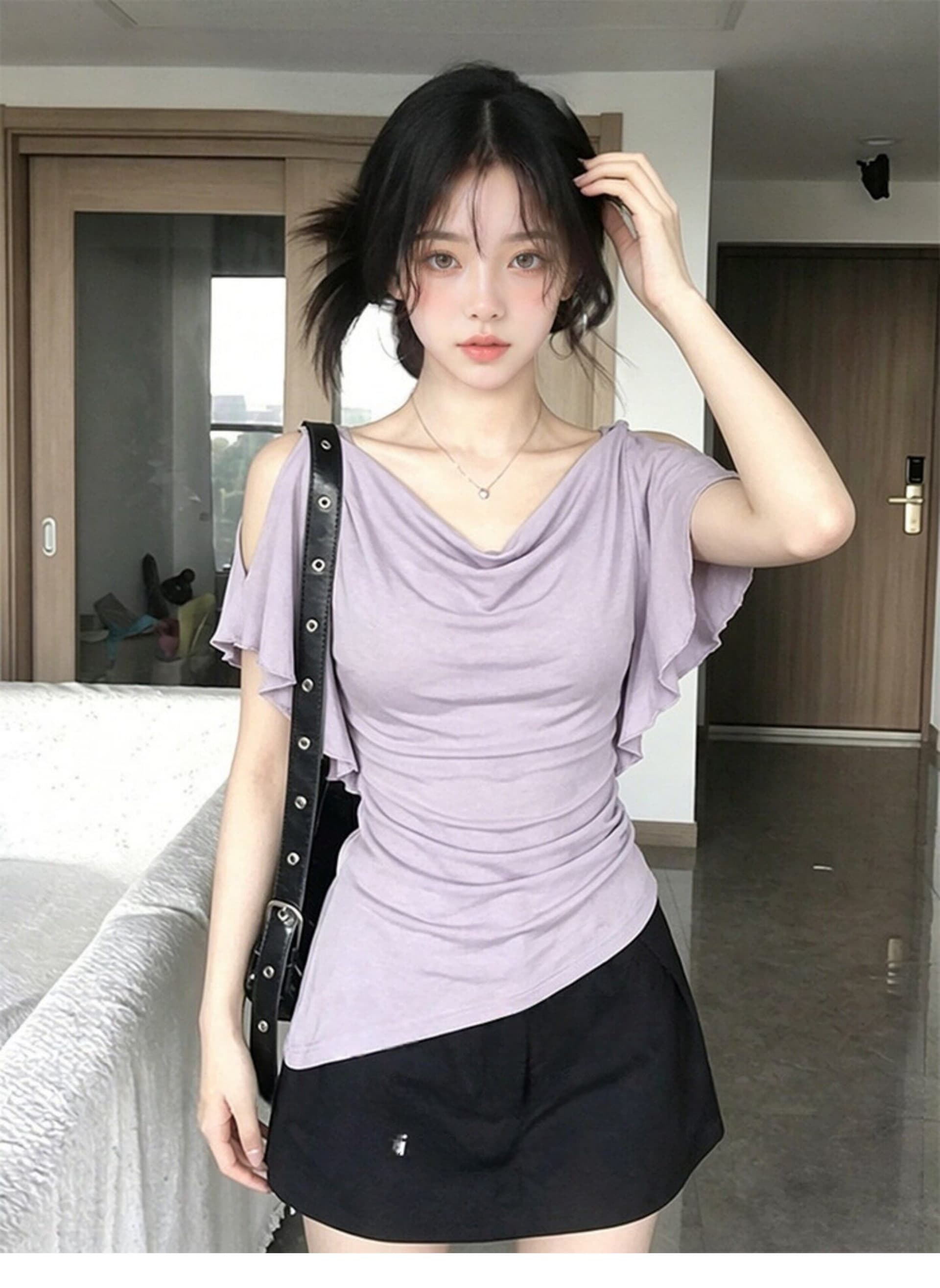 260 그램 1 1 인 면 불규칙 흔들다 칼라 프릴 오프숄더 반팔 티셔츠 달콤한 자매 디자인 센스 맨위 상세 이미지 5