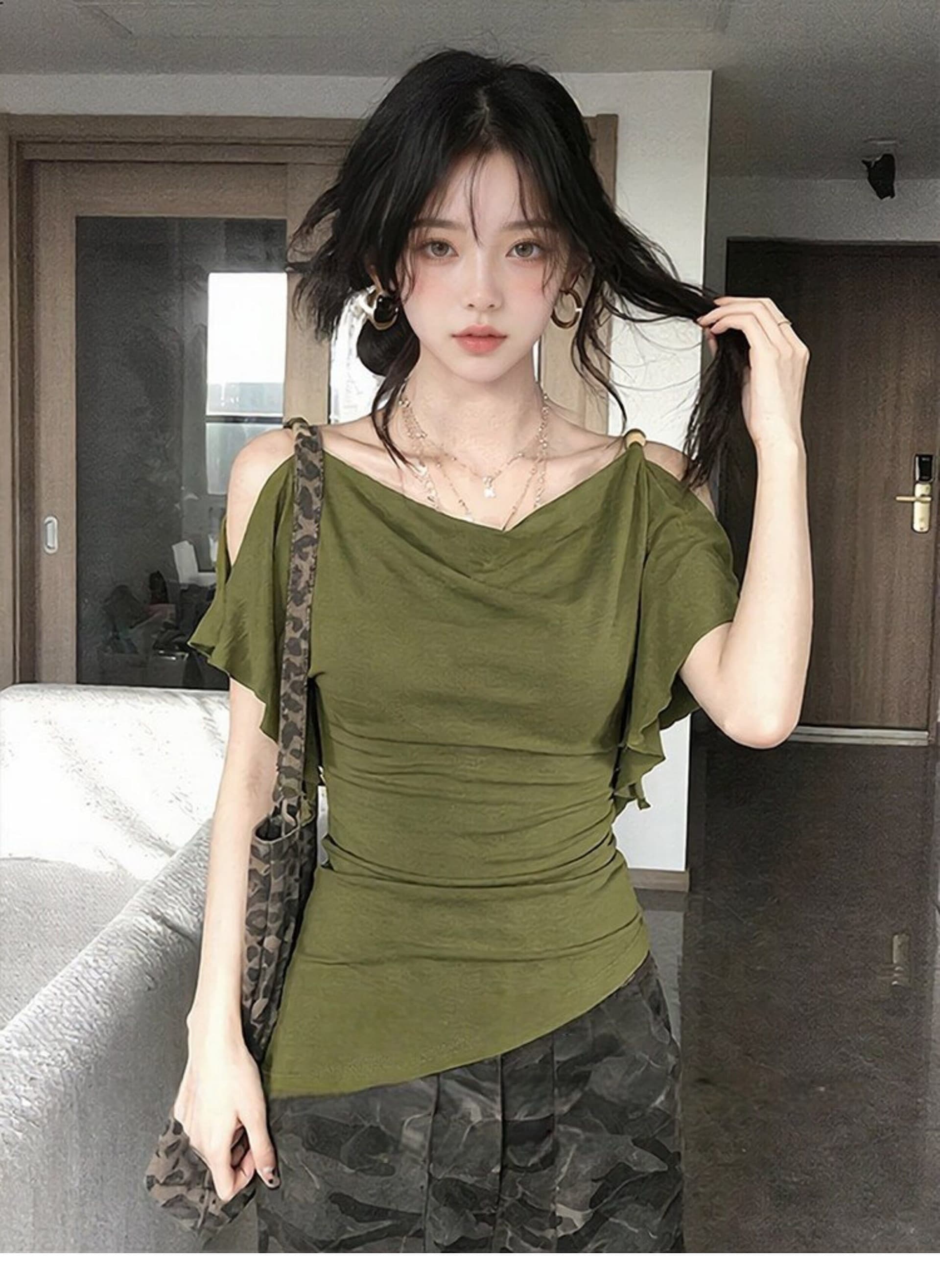 260 그램 1 1 인 면 불규칙 흔들다 칼라 프릴 오프숄더 반팔 티셔츠 달콤한 자매 디자인 센스 맨위 상세 이미지 7