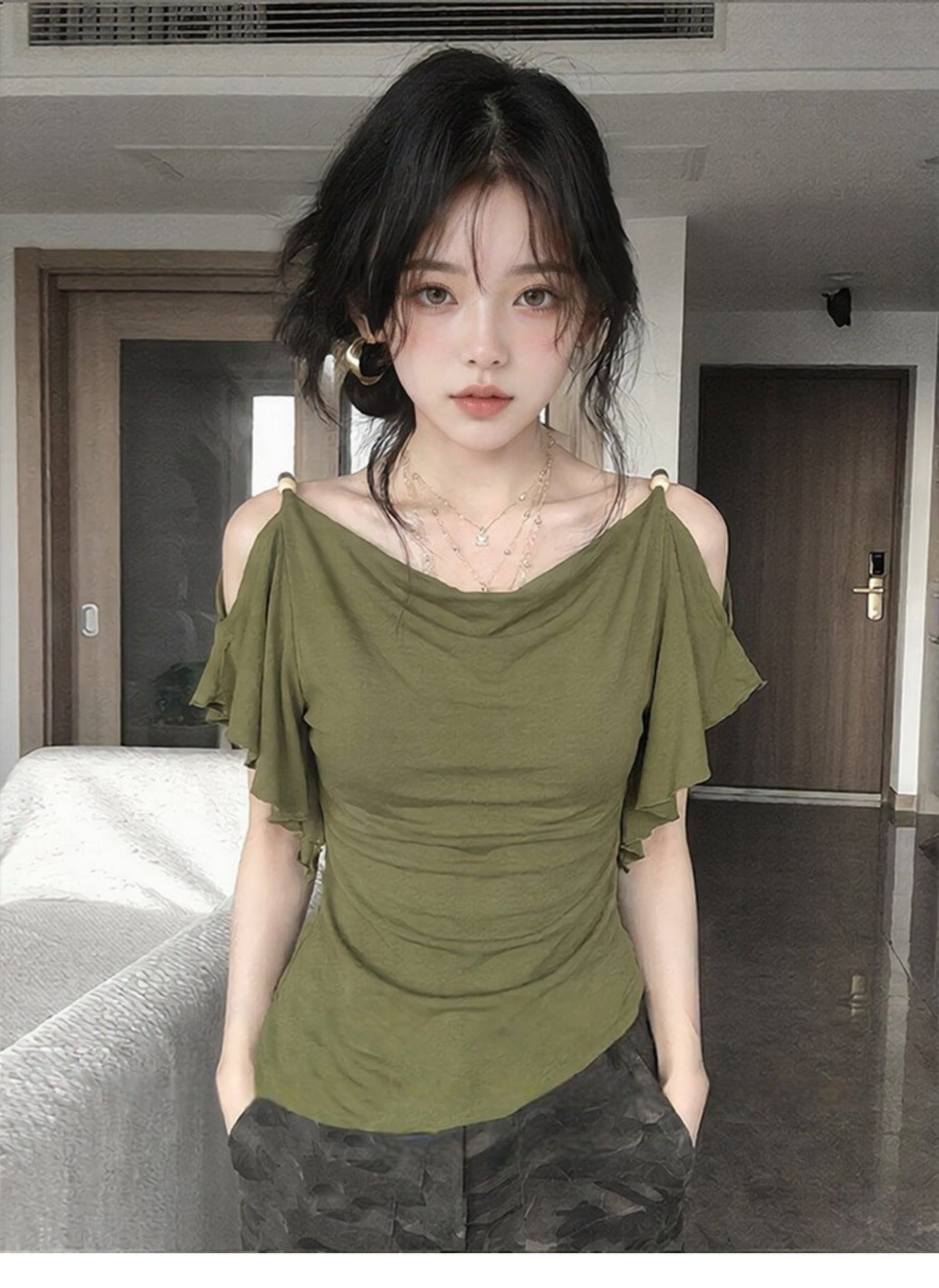 260 그램 1 1 인 면 불규칙 흔들다 칼라 프릴 오프숄더 반팔 티셔츠 달콤한 자매 디자인 센스 맨위 상세 이미지 8