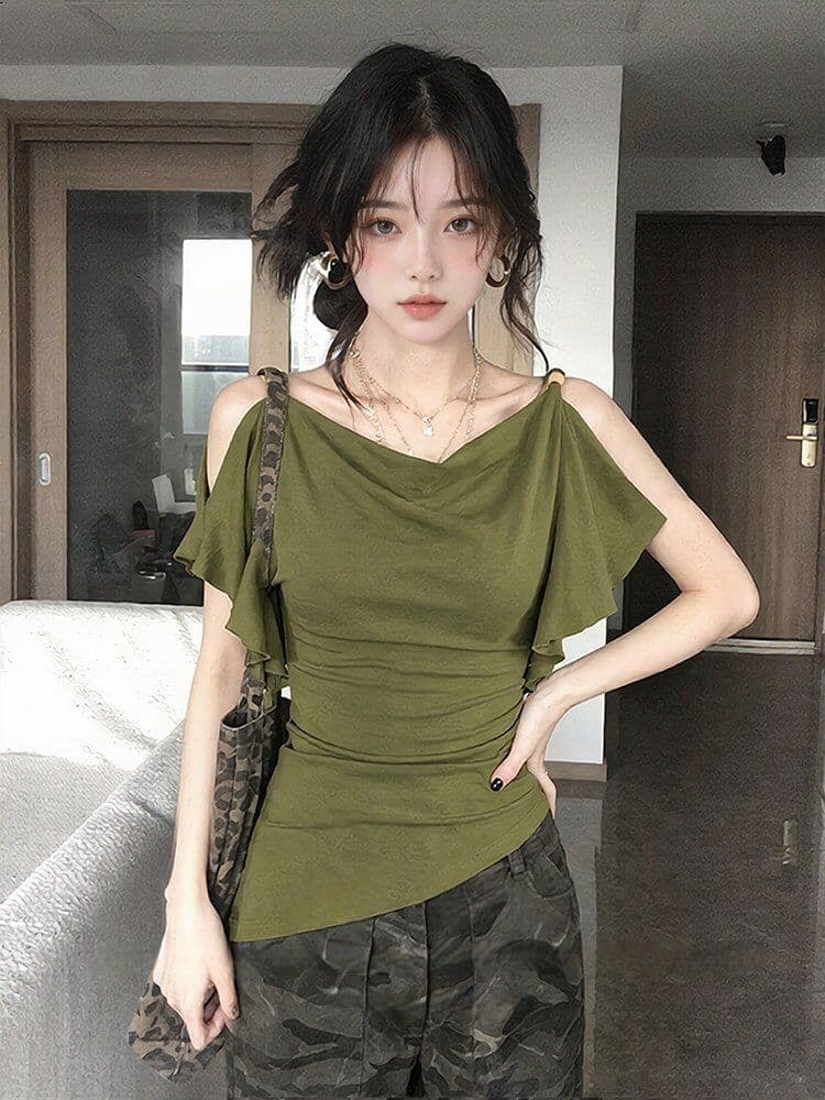 260 그램 1 1 인 면 불규칙 흔들다 칼라 프릴 오프숄더 반팔 티셔츠 달콤한 자매 디자인 센스 맨위 상세 이미지 9