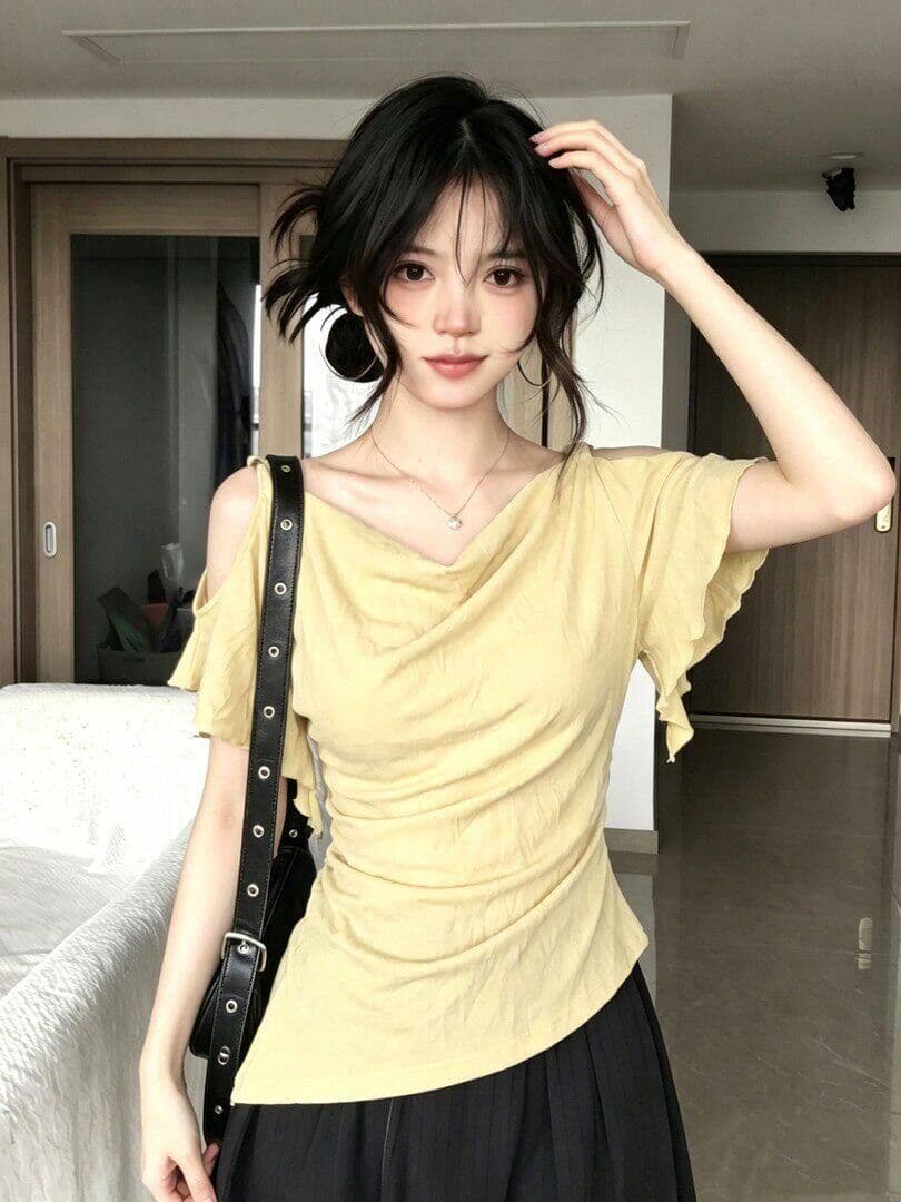 260 그램 1 1 인 면 불규칙 흔들다 칼라 프릴 오프숄더 반팔 티셔츠 달콤한 자매 디자인 센스 맨위 상세 이미지 12