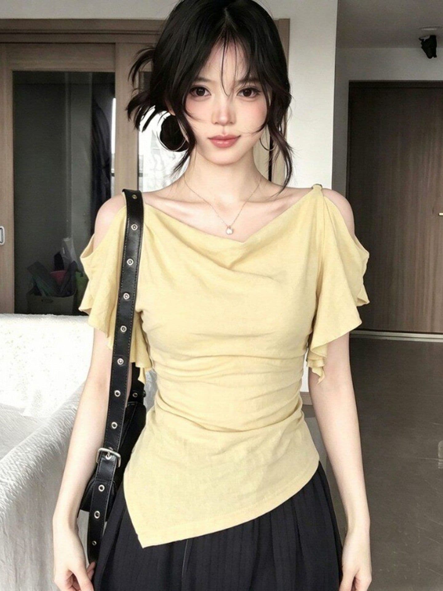 260 그램 1 1 인 면 불규칙 흔들다 칼라 프릴 오프숄더 반팔 티셔츠 달콤한 자매 디자인 센스 맨위 상세 이미지 13