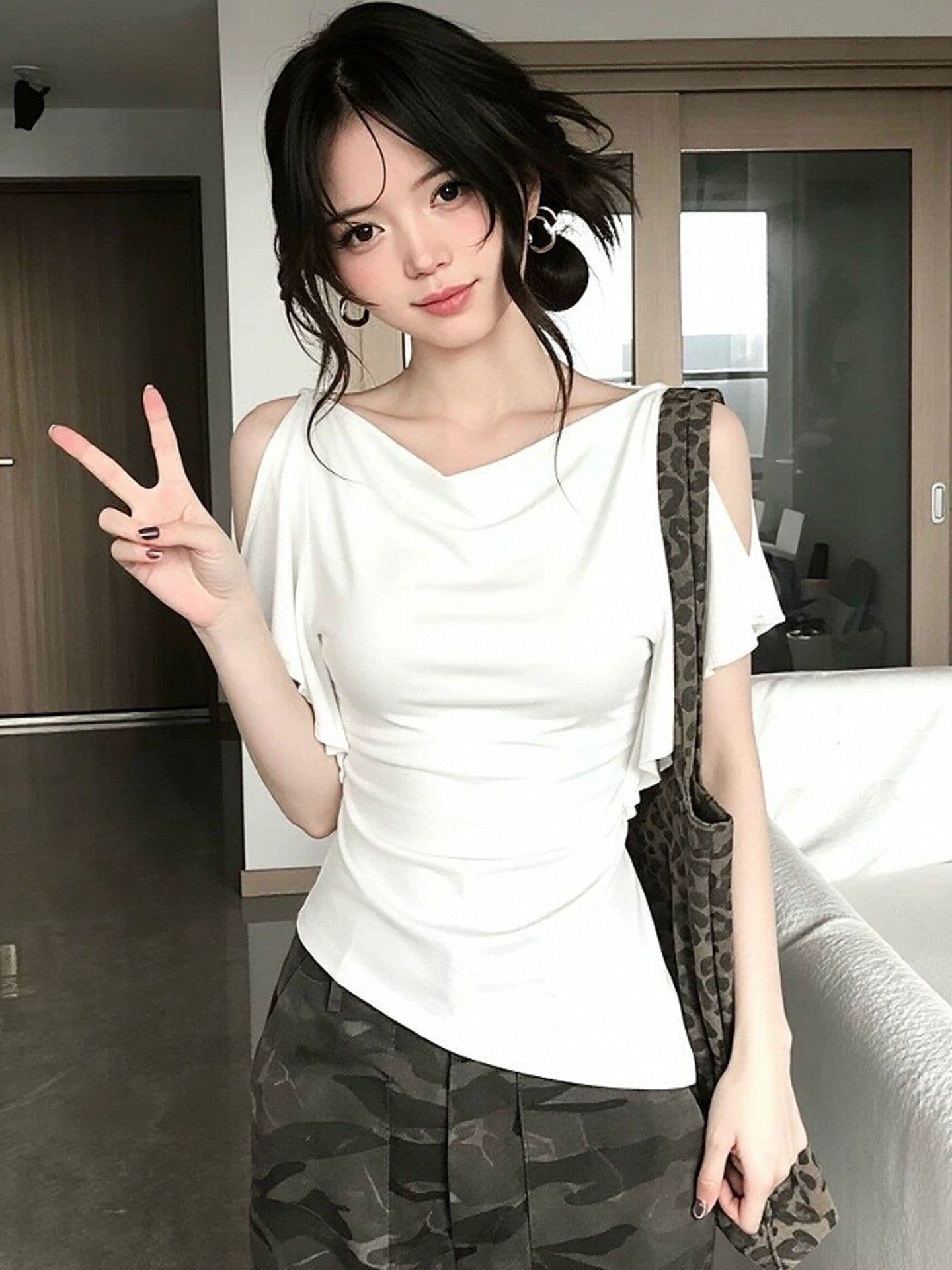 260 그램 1 1 인 면 불규칙 흔들다 칼라 프릴 오프숄더 반팔 티셔츠 달콤한 자매 디자인 센스 맨위 상세 이미지 14