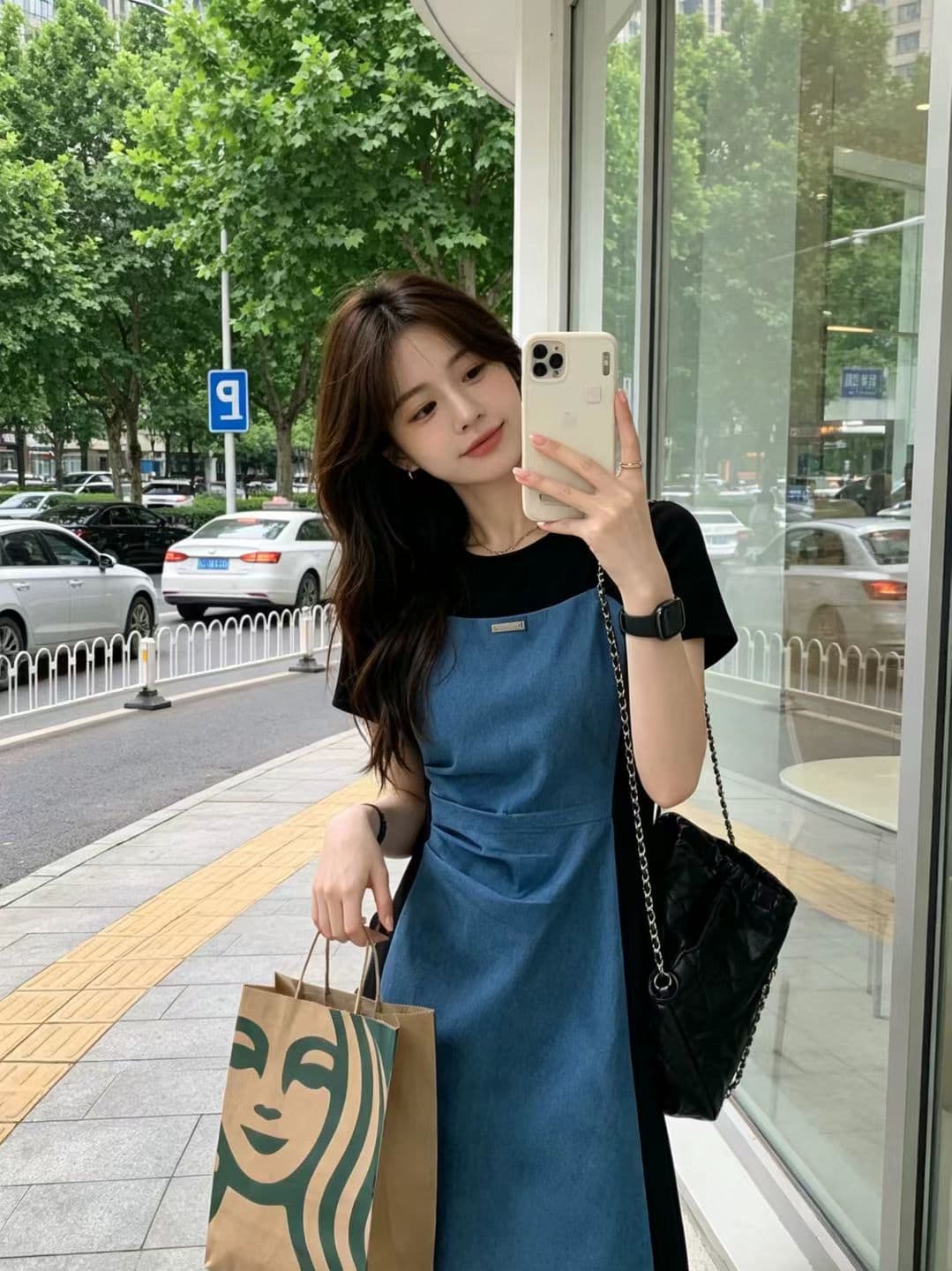 레트로 패치워크 배색 허리 수축 슬림해 보이는 여성 드레스 여름 디자인 센스 작은 대중 페이크 레이어드 반팔 한 마디 치마 상세 이미지 1