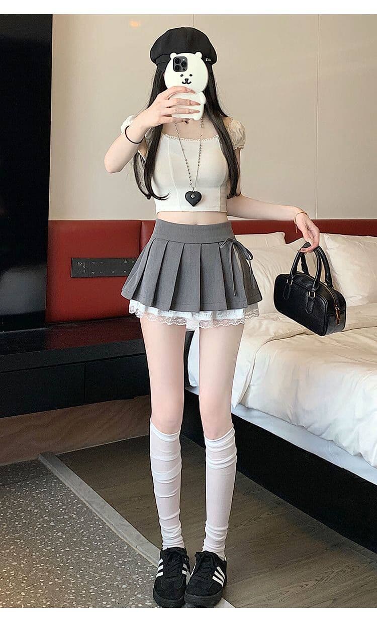 회색 레이스 측면 플리츠 반신 스커트 여성 봄 가을 새로운 작은 키 하이웨이스트 슬림해 보이는 한 마디 퍼프 미니 스커트 상세 이미지 13