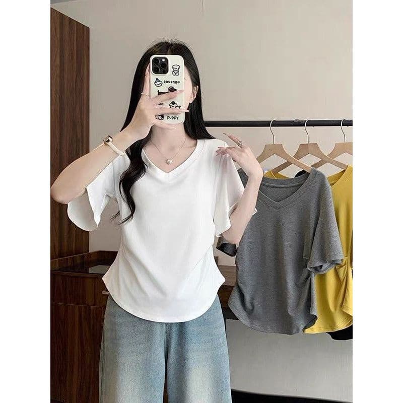 V넥 주름 허리 수축 반팔 티셔츠 여성 여름 루즈핏 슬림해 보이는 한국 스타일 기본 셔츠 외출용 반소매 맨위 트렌디 이미지 3