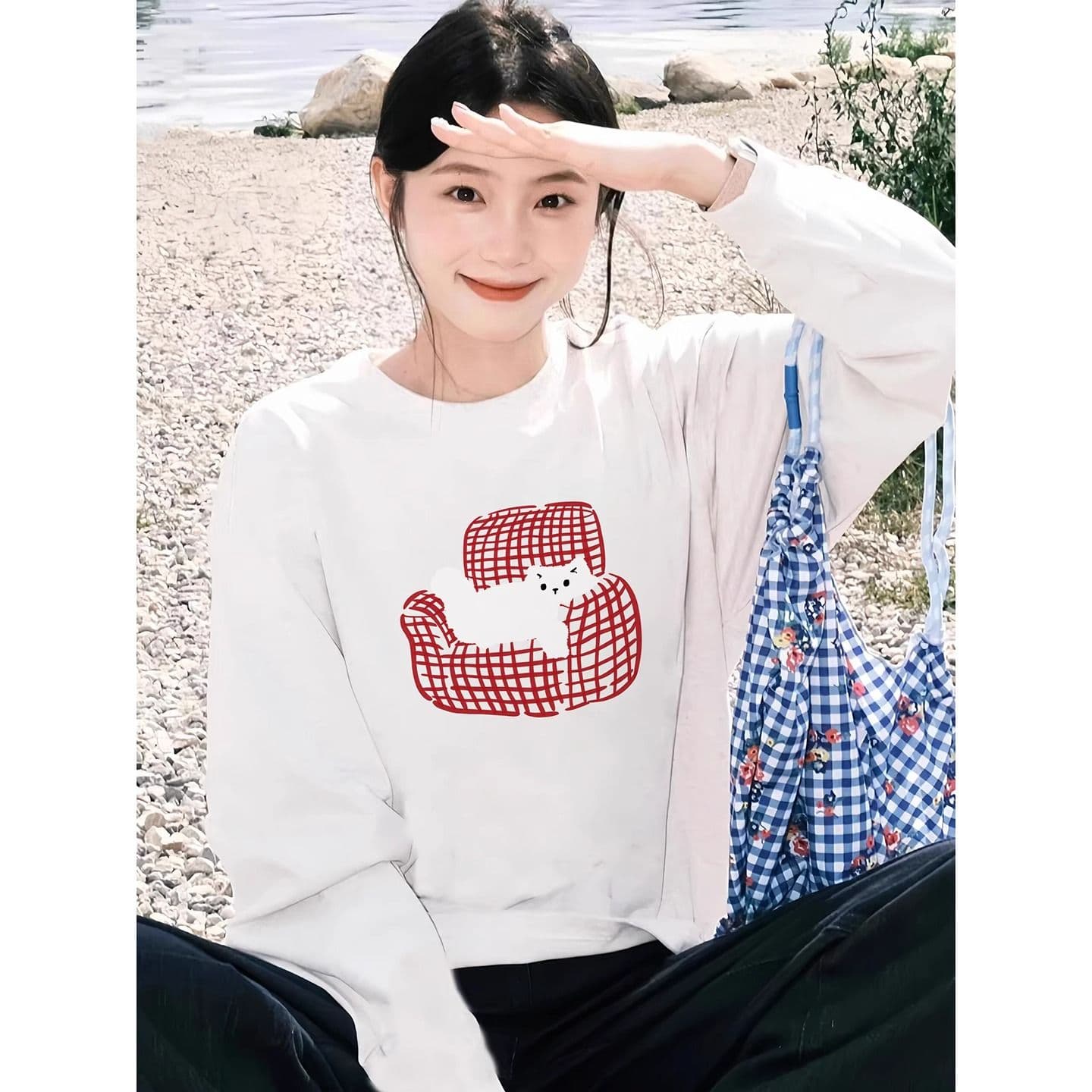 21 순면 210 그램 가을 의상 긴팔 티셔츠 여성 루즈핏 맨위 프린트 이미지 4