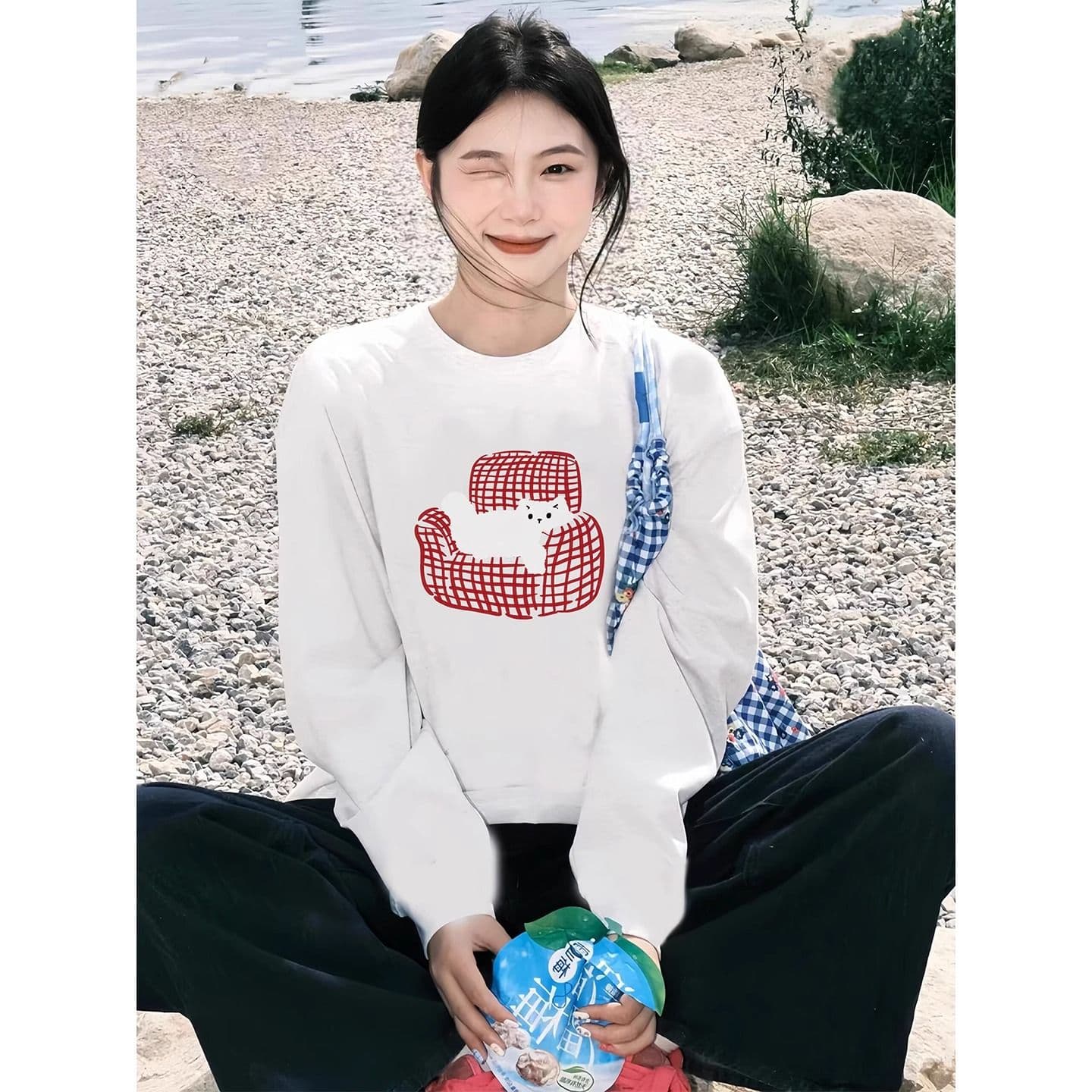 21 순면 210 그램 가을 의상 긴팔 티셔츠 여성 루즈핏 맨위 프린트 이미지 5