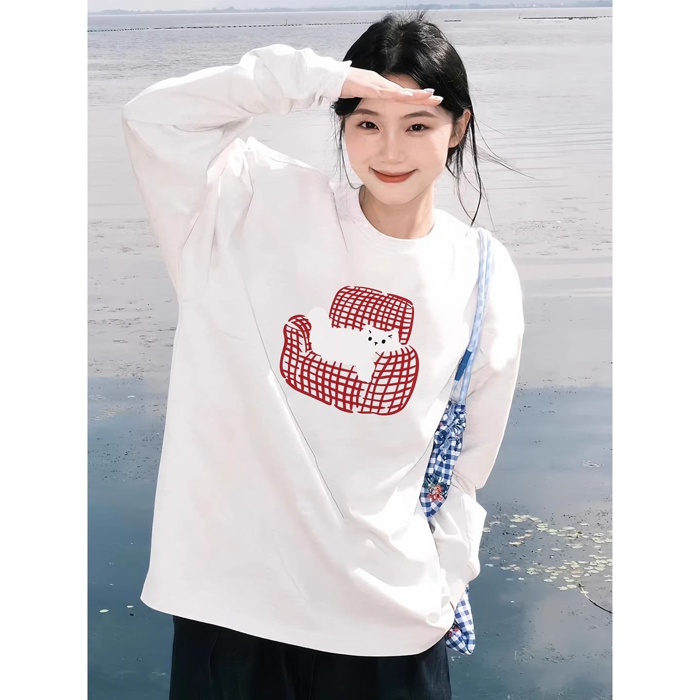 21 순면 210 그램 가을 의상 긴팔 티셔츠 여성 루즈핏 맨위 프린트 상세 이미지 5