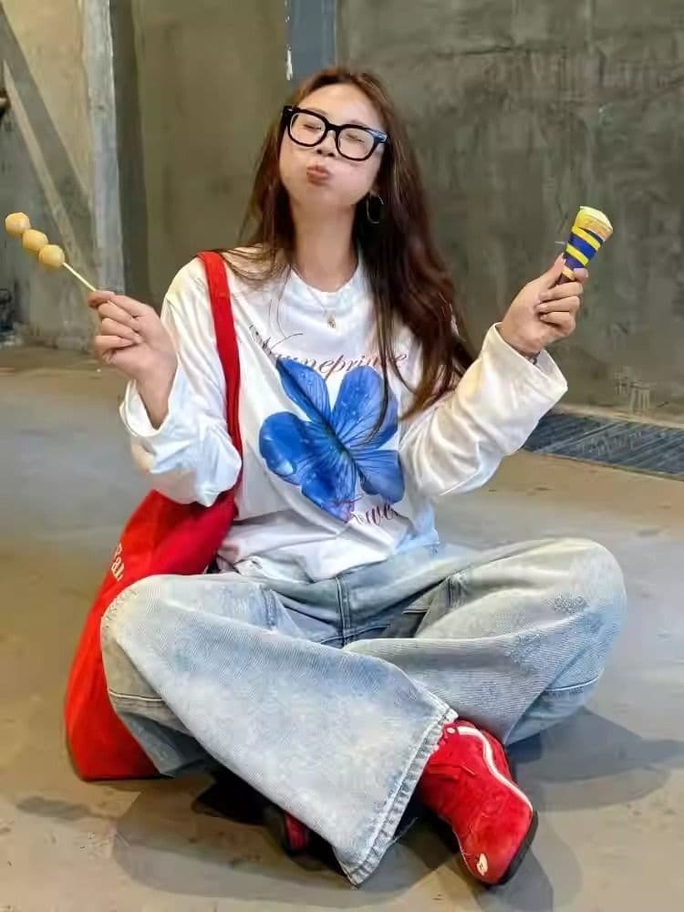 21 순면 210 그램 가을 의상 긴팔 티셔츠 여성 루즈핏 맨위 프린트 상세 이미지 6