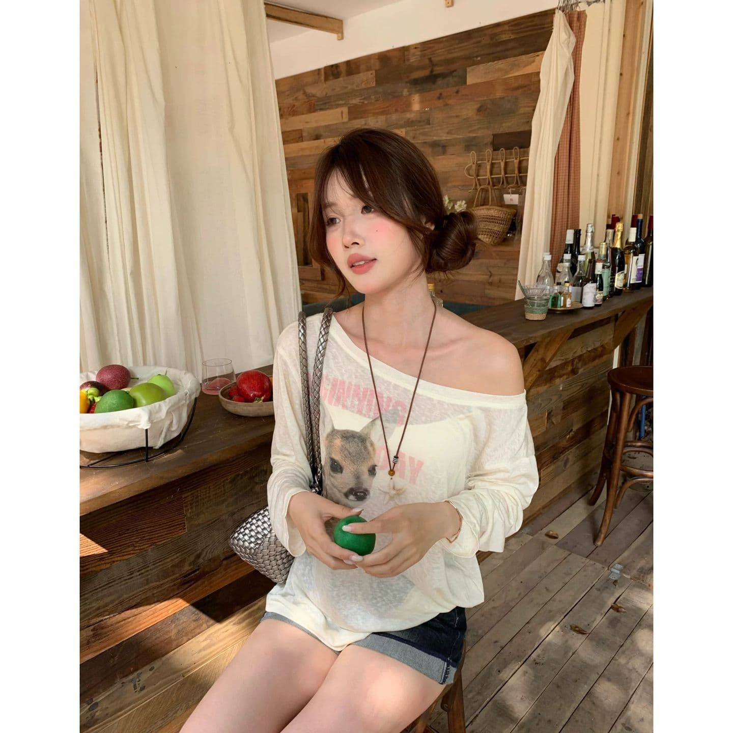 원본 것 하트 비트 작은 사슴 한 부서 프린트 비스듬한 어깨 자외선 차단 블라우스 긴팔 티셔츠 이미지 4