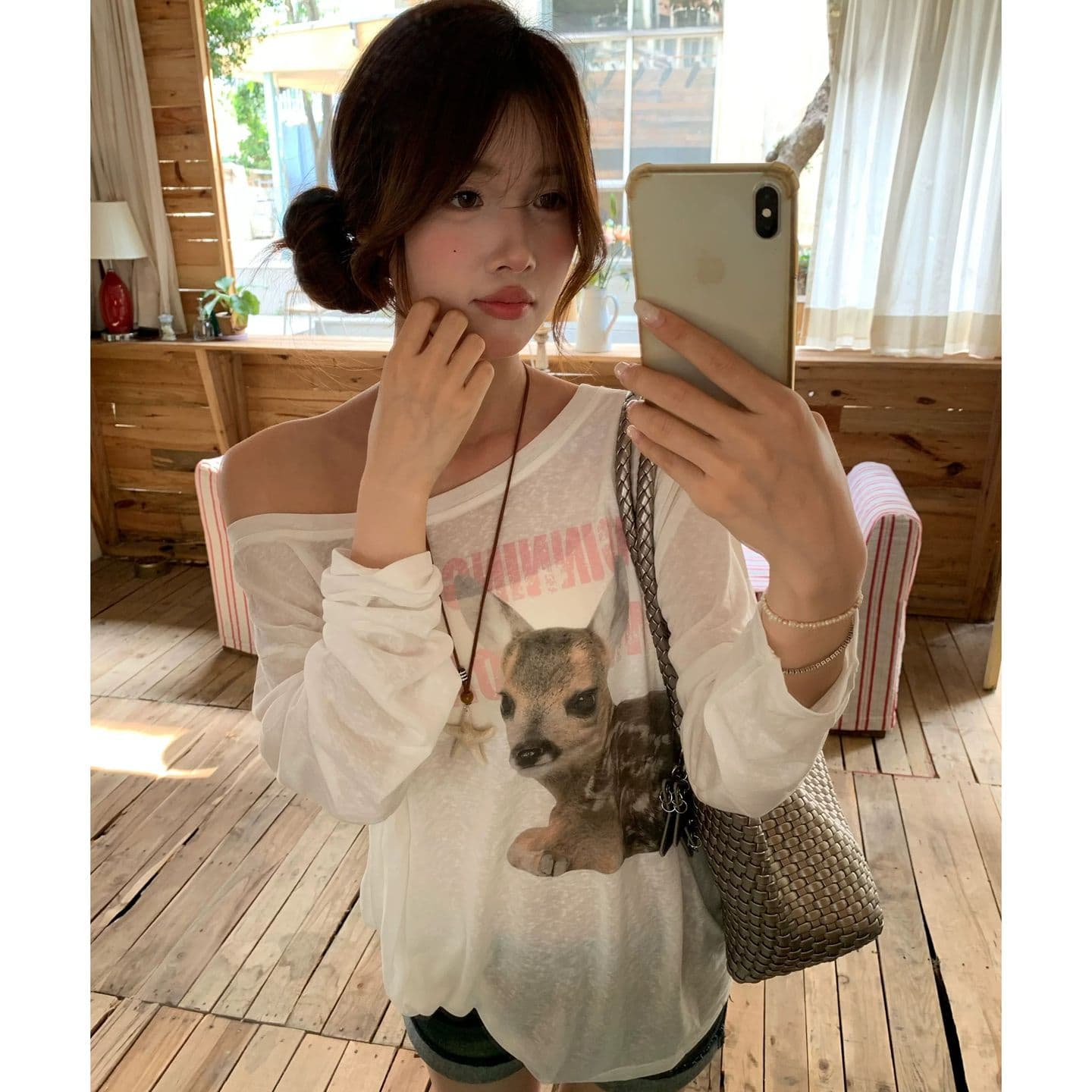 원본 것 하트 비트 작은 사슴 한 부서 프린트 비스듬한 어깨 자외선 차단 블라우스 긴팔 티셔츠