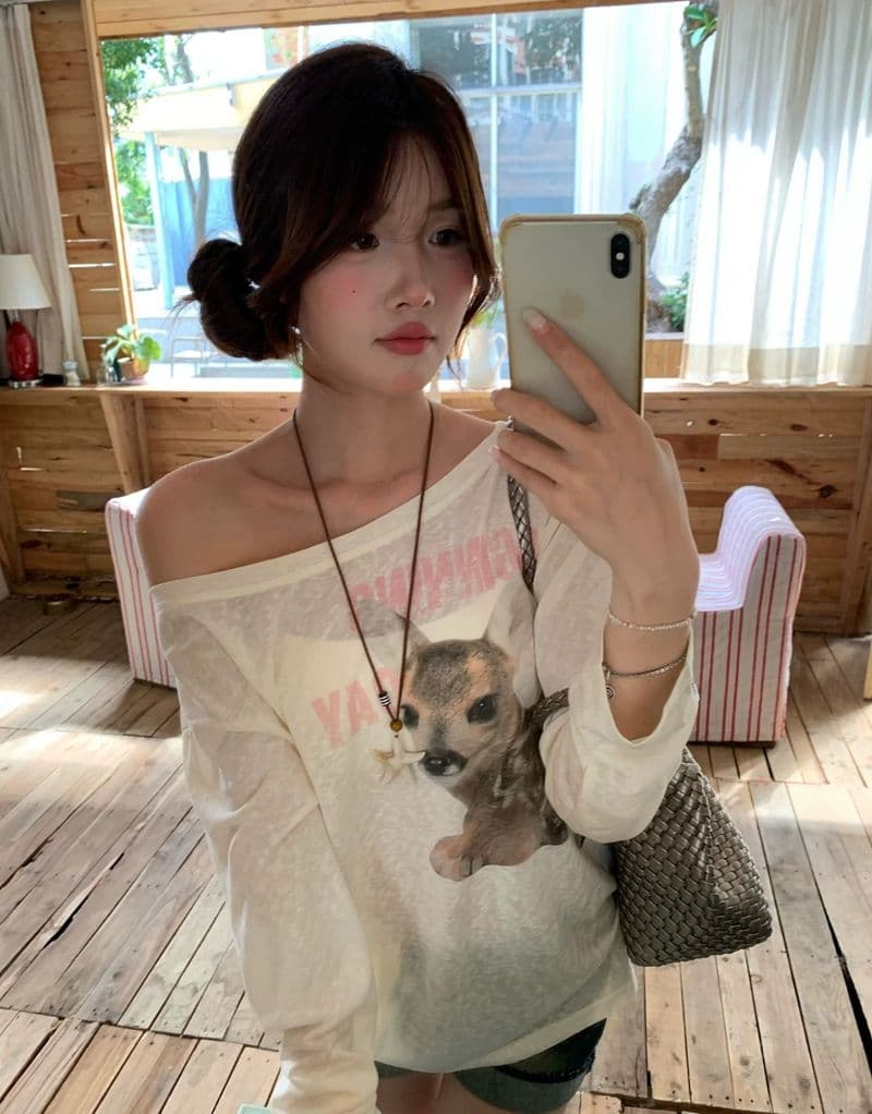 원본 것 하트 비트 작은 사슴 한 부서 프린트 비스듬한 어깨 자외선 차단 블라우스 긴팔 티셔츠 상세 이미지 9