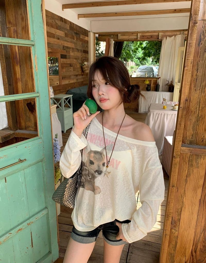 원본 것 하트 비트 작은 사슴 한 부서 프린트 비스듬한 어깨 자외선 차단 블라우스 긴팔 티셔츠 상세 이미지 10