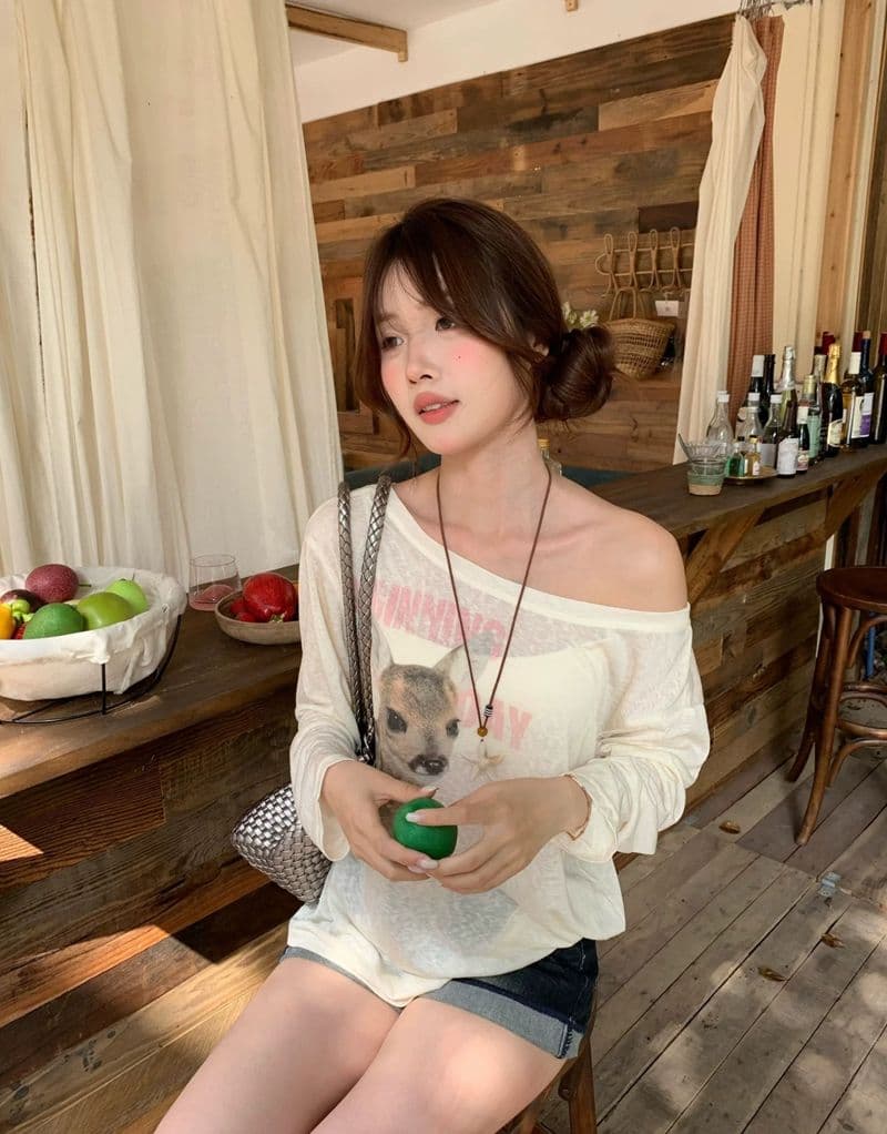 원본 것 하트 비트 작은 사슴 한 부서 프린트 비스듬한 어깨 자외선 차단 블라우스 긴팔 티셔츠 상세 이미지 13