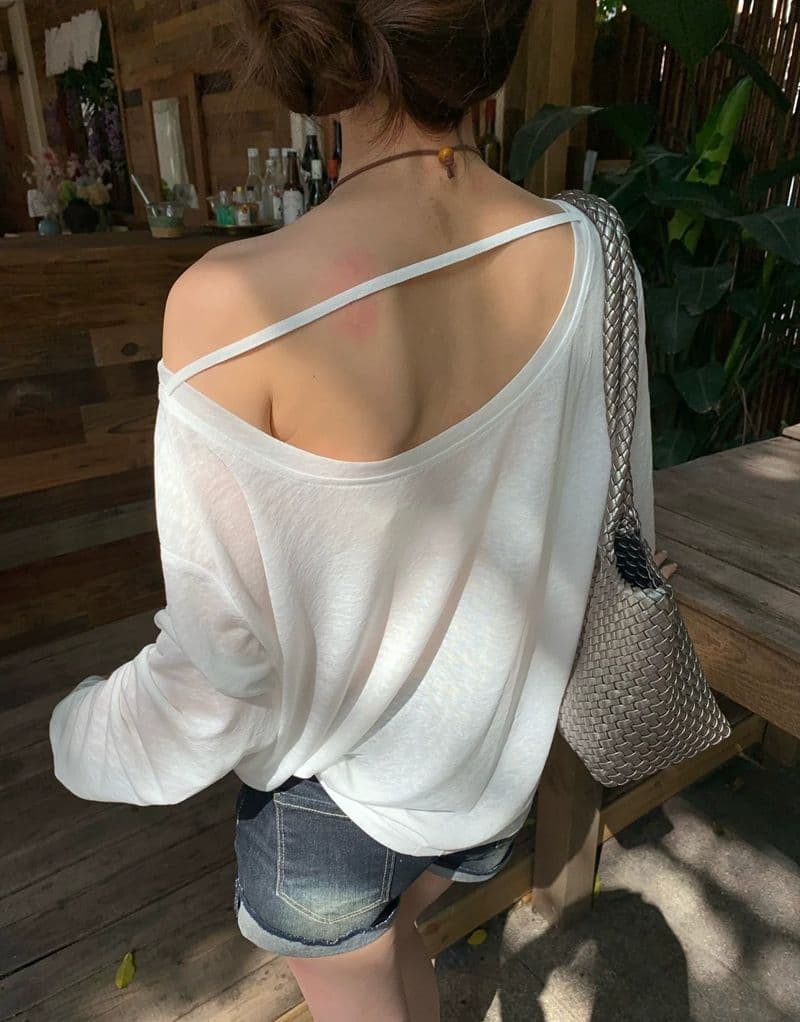 원본 것 하트 비트 작은 사슴 한 부서 프린트 비스듬한 어깨 자외선 차단 블라우스 긴팔 티셔츠 상세 이미지 14