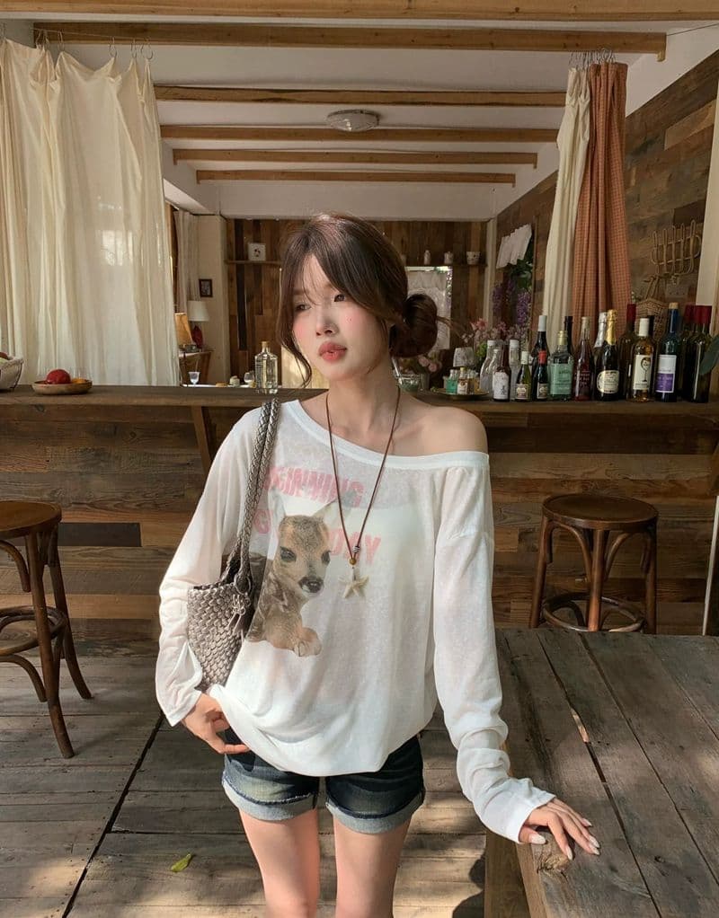 원본 것 하트 비트 작은 사슴 한 부서 프린트 비스듬한 어깨 자외선 차단 블라우스 긴팔 티셔츠 상세 이미지 15