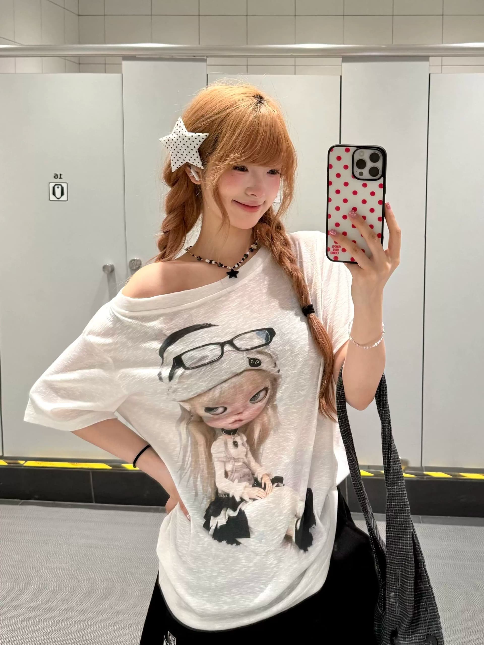 원본 것 레트로 한 부서 비스듬한 어깨 반팔 티셔츠 여성 자외선 차단 블라우스 맨위 상세 이미지 7