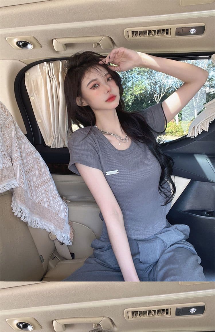 모방 Mianhua 남편 그리드 작은 대중 디자인 센스 떨어져 일 u 모양 쇼트 스타일 티셔츠 여성 여름 마이크로 지방 연령 감소 맨위 상세 이미지 8