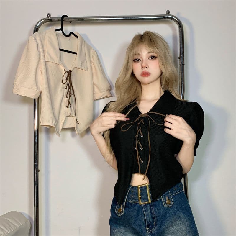 달콤함 디자인 센스 스트랩 몸매 가꾸기 POLO 칼라 반팔 여성 Chic 거품 소매 쇼트 스타일 맨위 봄 여름 이미지 2