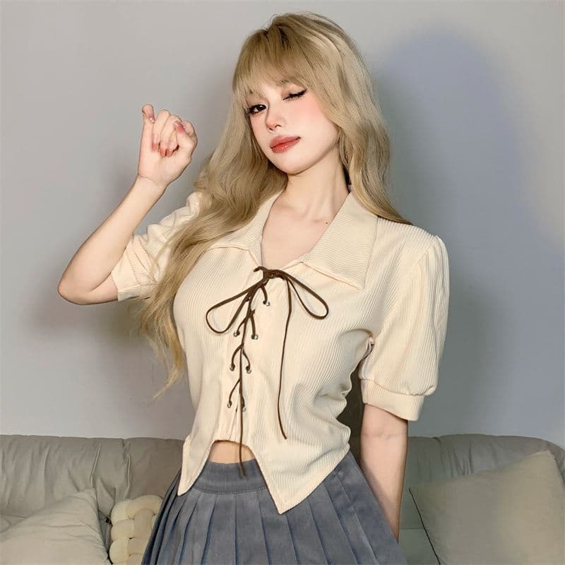 달콤함 디자인 센스 스트랩 몸매 가꾸기 POLO 칼라 반팔 여성 Chic 거품 소매 쇼트 스타일 맨위 봄 여름