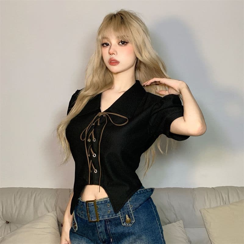 달콤함 디자인 센스 스트랩 몸매 가꾸기 POLO 칼라 반팔 여성 Chic 거품 소매 쇼트 스타일 맨위 봄 여름 이미지 3