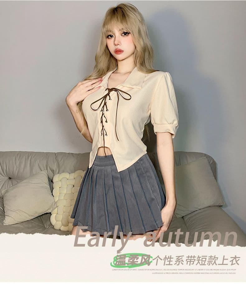 달콤함 디자인 센스 스트랩 몸매 가꾸기 POLO 칼라 반팔 여성 Chic 거품 소매 쇼트 스타일 맨위 봄 여름 상세 이미지 1