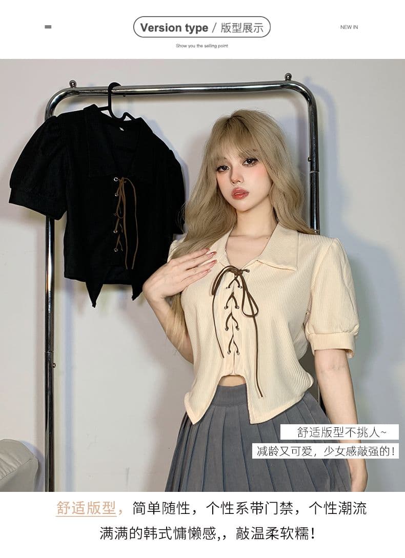 달콤함 디자인 센스 스트랩 몸매 가꾸기 POLO 칼라 반팔 여성 Chic 거품 소매 쇼트 스타일 맨위 봄 여름 상세 이미지 5